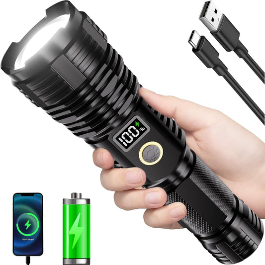 Flashlight rechargeable, 990000 High Lumens LED Flash Light, Super Bright Zoomable Lampe with LCD Digital Display, 5Modes Brightest Flashlights, Powerful Tactical Flashlight for Emergency Camping Gift - PuriLite