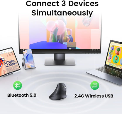 UGREEN Ergonomic Wireless Vertical Mouse with 5 Buttons, Bluetooth 5.0 & 2.4Ghz with USB Receiver, 4 DPI Levels up to 4K, Silent Click, Compatible with Windows, Linux, Mac, Android and Chrome