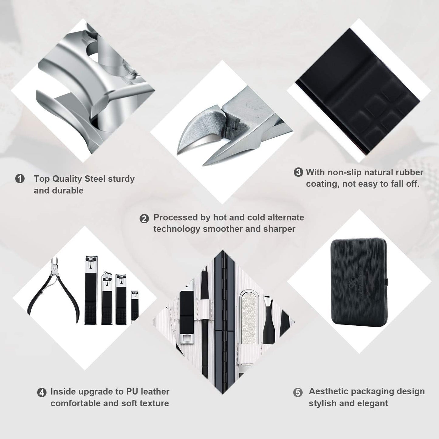 Keiby Citom Professional Stainless Steel Nail Clipper Travel & Grooming Kit Nail Tools Manicure & Pedicure Set of 18pcs with Luxurious Case (Black)