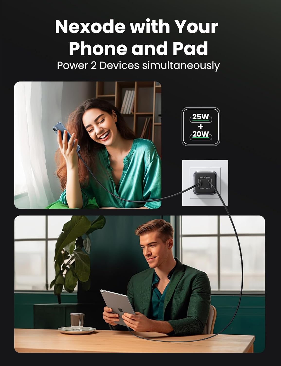 UGREEN Nexode 45W USB C Charger Block, GaN PPS Dual Port USB C Fast Charger Super Fast Charge 2.0 Wall Plug Compatible with Galaxy S25 S24 Ultra S23 A54, iPad, iPhone16, Pixel 9, Black