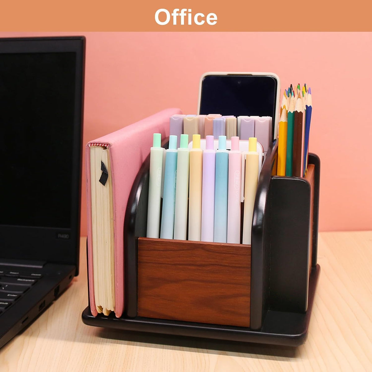 Coideal Large Remote Controls Holder, Rotating Wooden Caddy for Table, Spinning Office Supplies Desk Storage Organizer / Revolving Wood Pen Pencil Holder (6 Compartments, Brown & Black)