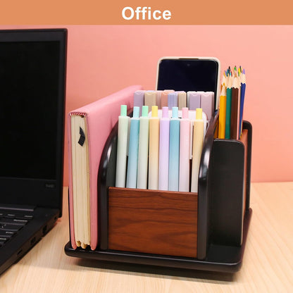Coideal Large Remote Controls Holder, Rotating Wooden Caddy for Table, Spinning Office Supplies Desk Storage Organizer / Revolving Wood Pen Pencil Holder (6 Compartments, Brown & Black)