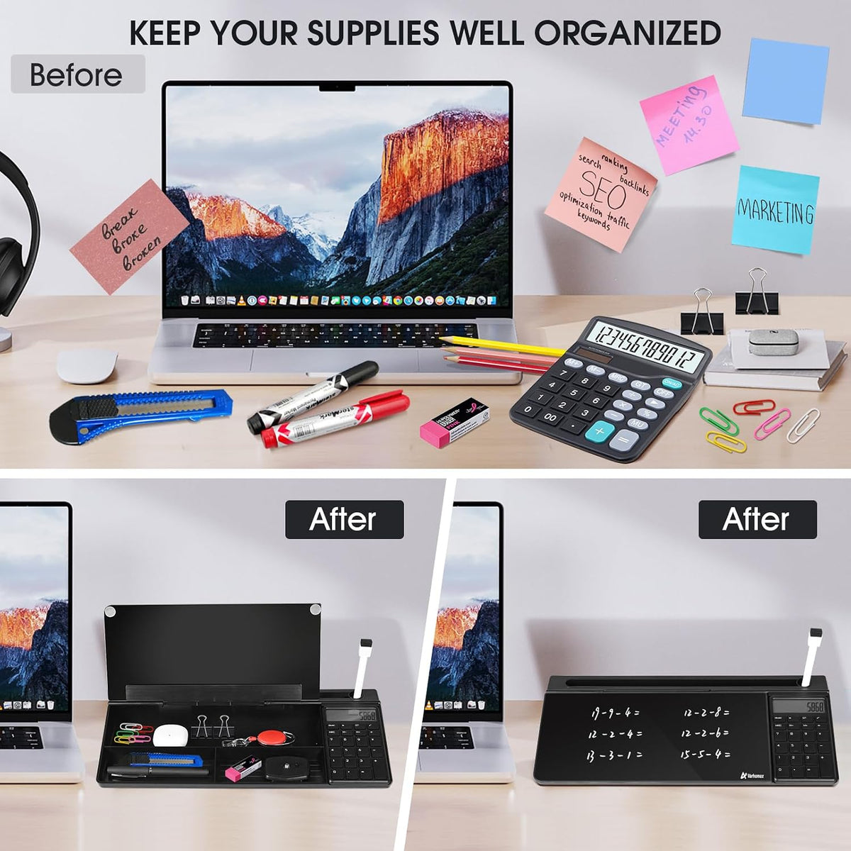 Varhomax Glass Desk Whiteboard Black with Calculator, Desktop Organizers Dry Erase White Board To-do List Memo Keyboard Stand with Accessories for Home School Office Supplies