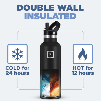 Camping & Hiking Hydration Canteens - 24oz 3 Lids (Narrow Straw/Spout Lid) Leak Proof Vacuum Insulated Stainless Steel - Hot & Cold Double Walled Sports Water Bottle