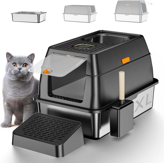 TENTIZON Stainless Steel Cat Litter Box, Extra Large Enclosed Kitty Litter Box with Removable Lid, Scoop, Pedal, XL High Sided Metal Litter Pan for Kitten, Big Cats Up to 11KG