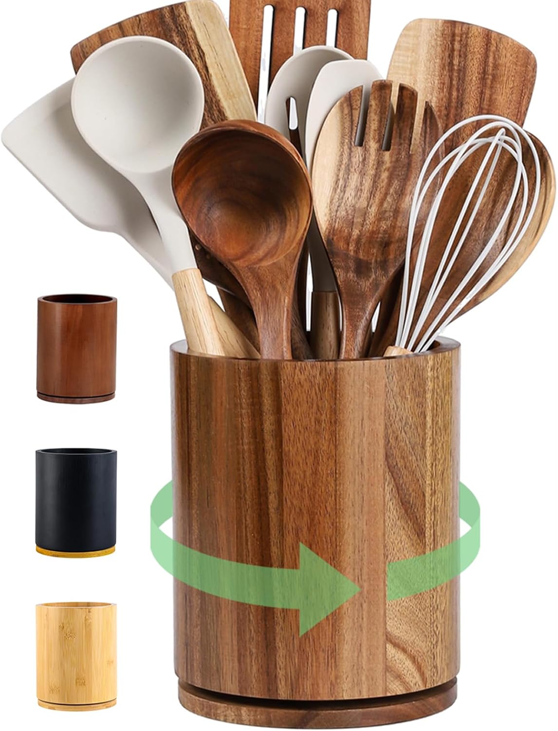 Wooden Utensil Holder | Rotating Utensil Organizer | Kitchen Counter Storage Crock | Farmhouse Countertop Decor | Cooking Utensil Stand - PuriLite