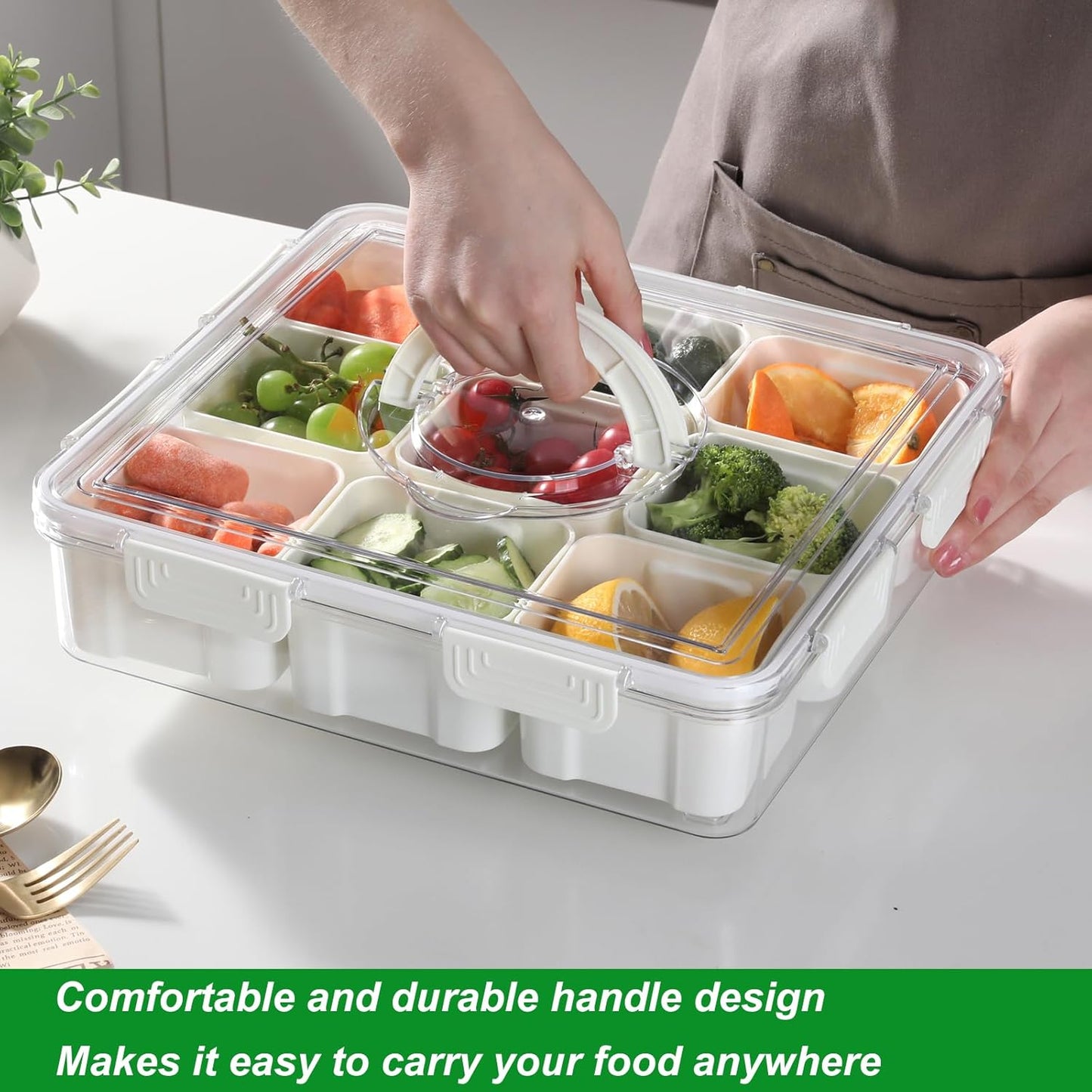 Taiuloo Divided Serving Tray with Lid & Handle, Airtight 4 Compartment Snackle Box Charcuterie Container, Fridge Organizer Bins, Food Storage Container Veggie Tray for Snack, Fruit, Salad, Nut