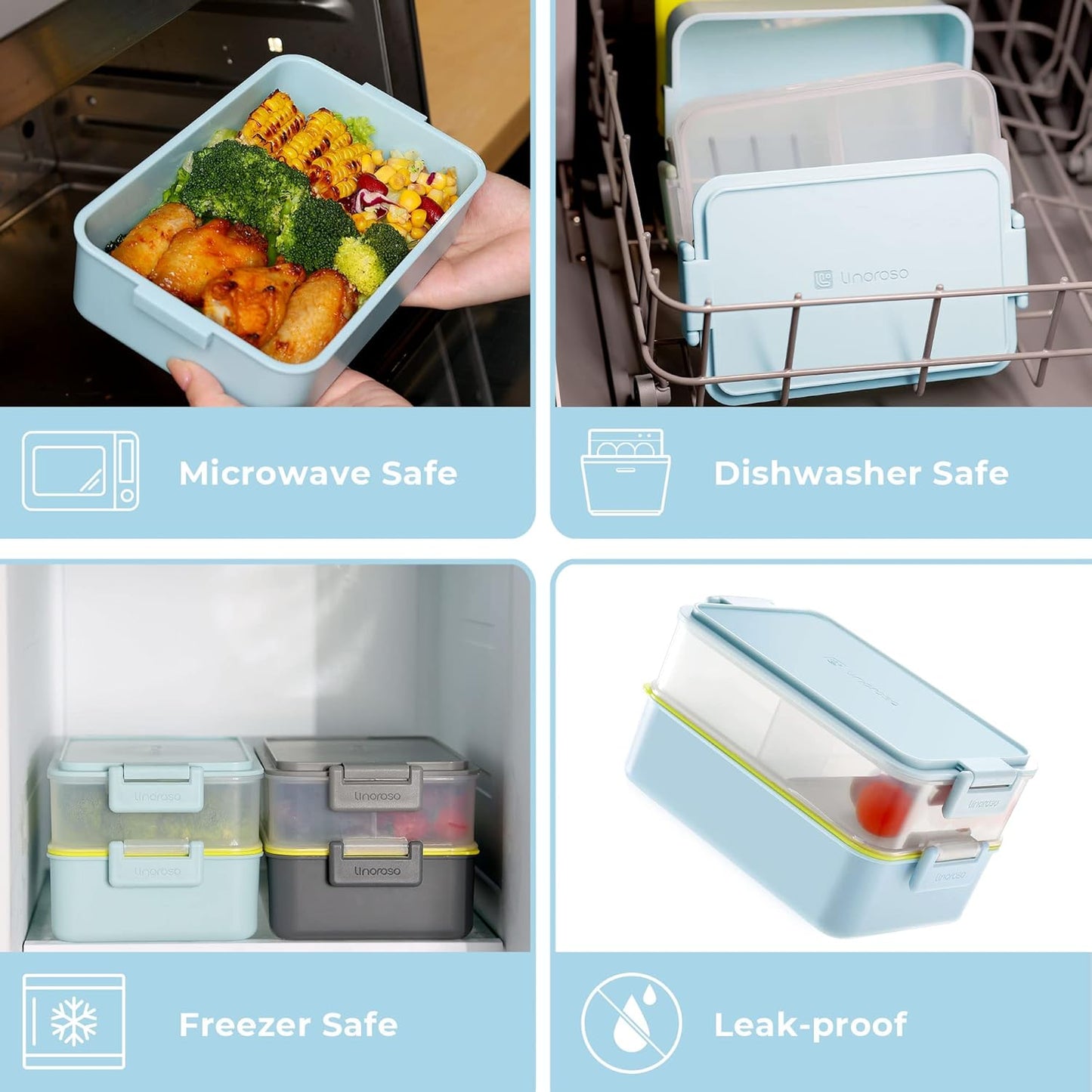 Linoroso Stackable Bento Box Adult Lunch Box | Meet All You On-The-Go Needs for Food, Salad and Snack Box, Premium Bento Lunch Box for Adults Include Utensil Set, Dressing Containers - Pale Mint