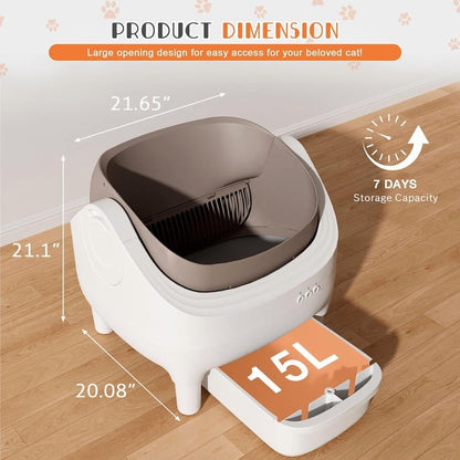 GUNJI Self Cleaning Cat Litter Box, Open-Top Automatic Self-Cleaning Litter Box, Design for Multi-Cat Families, Integrated Safety Protection, Includes Trash Bags (Brown)