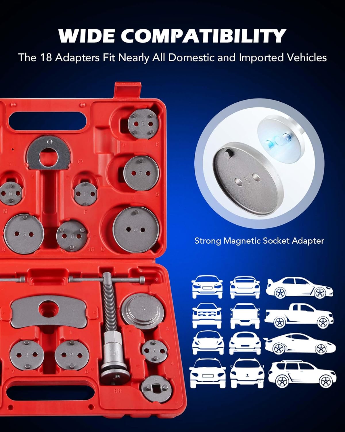 Orion Motor Tech 24pc Brake Caliper Compression Tool Set, Heavy Duty Brake Piston Compressor and Wind Back Tool Kit for Brake Pad Replacement, Universal Disc Brake Caliper Set with Blue Case