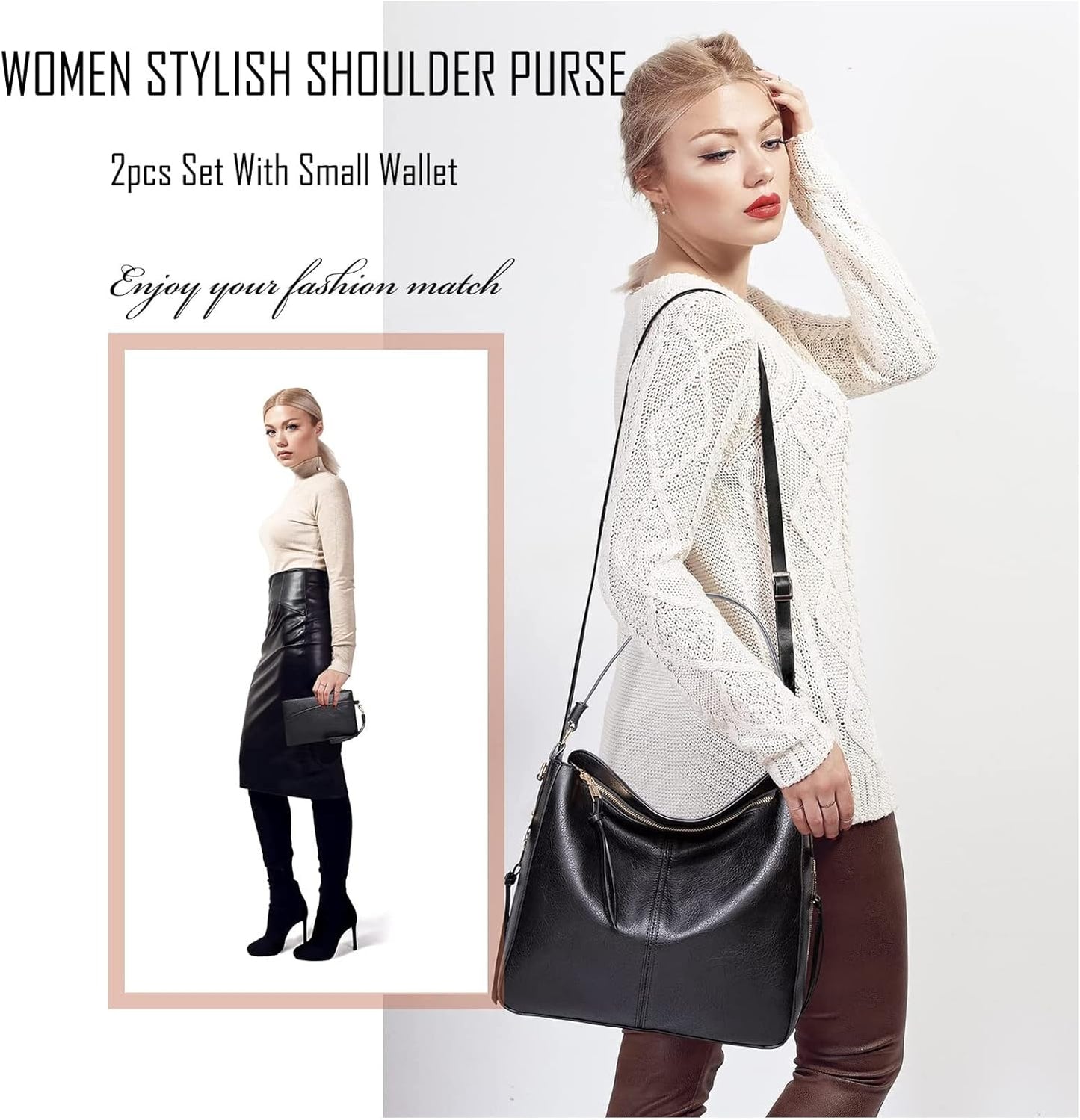 Hobo Bags for Women Handbags Purse Ladies Boho Shoulder Bag Crossbody Purses PU Leather Brown 2PCS