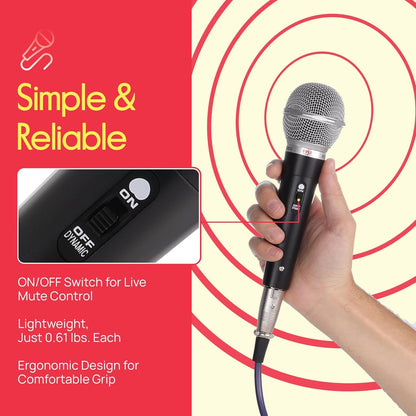 Pyle Professional Dynamic Vocal Microphone - Moving Coil Dynamic Cardioid Unidirectional Handheld Microphone with ON/OFF Switch Includes 15ft XLR Audio Cable to 1/4'' Audio Connection - PDMIC59