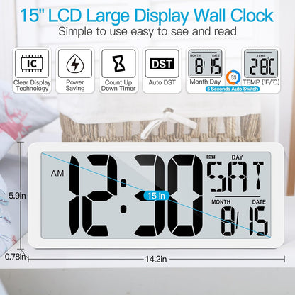 KMMKGG 15" Large Digital Wall Clock Battery Operated, Digital Clock Display with Day, Date & Temperature, Large Wall Clock for Bedroom, Livingroom, Office(4.6" Numbers)