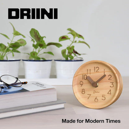 Driini Wooden Analog Desktop Clock – 4.3 in. Decorative Pinewood Clock, No-Tick Design – Easy to Read Silent Sweep Mantle Clock – Quiet Tabletop Clocks with Wood Body, Hands, & Battery Cover; Blue