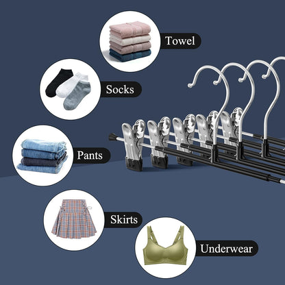 14Inch Black Pants Hangers with Clips 10 Pack Adjustable Skirt Hangers for Women Non-Slip Trousers Hanger for Jeans Clothes Hangers for Pants Heavy Duty Space Saving Shorts Hangers