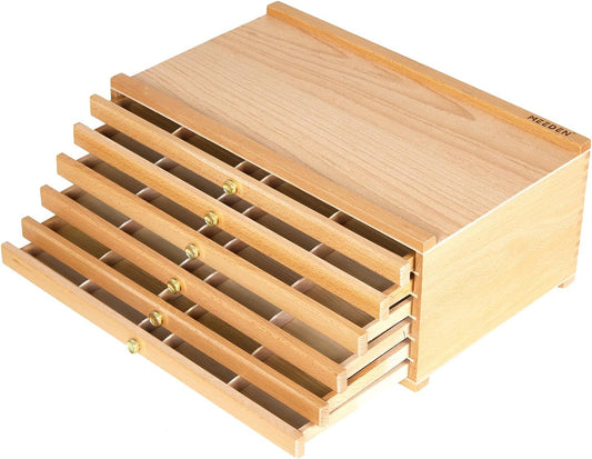 MEEDEN 6-Drawer Artist Supply Storage Box - Portable Foldable Multi-Function Beech Wood Artist Tool & Brush Storage Box with Compartments & Drawer for Pastels, Pencils, Pens, Brushes, Stamp