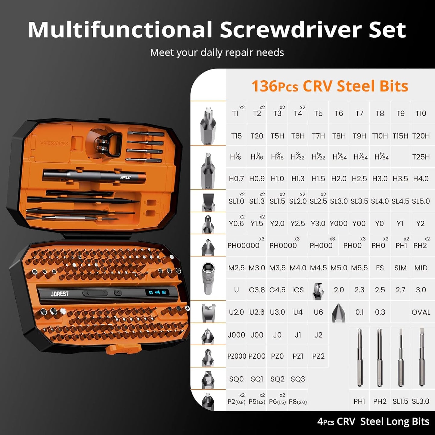 JOREST 155-in-1 Mini Electric Screwdriver Set – Cordless Precision Power Screwdriver with 5 Torque Levels (0.15–0.75 N·m), LED Light, Rechargeable Repair Tool Kit - PuriLite