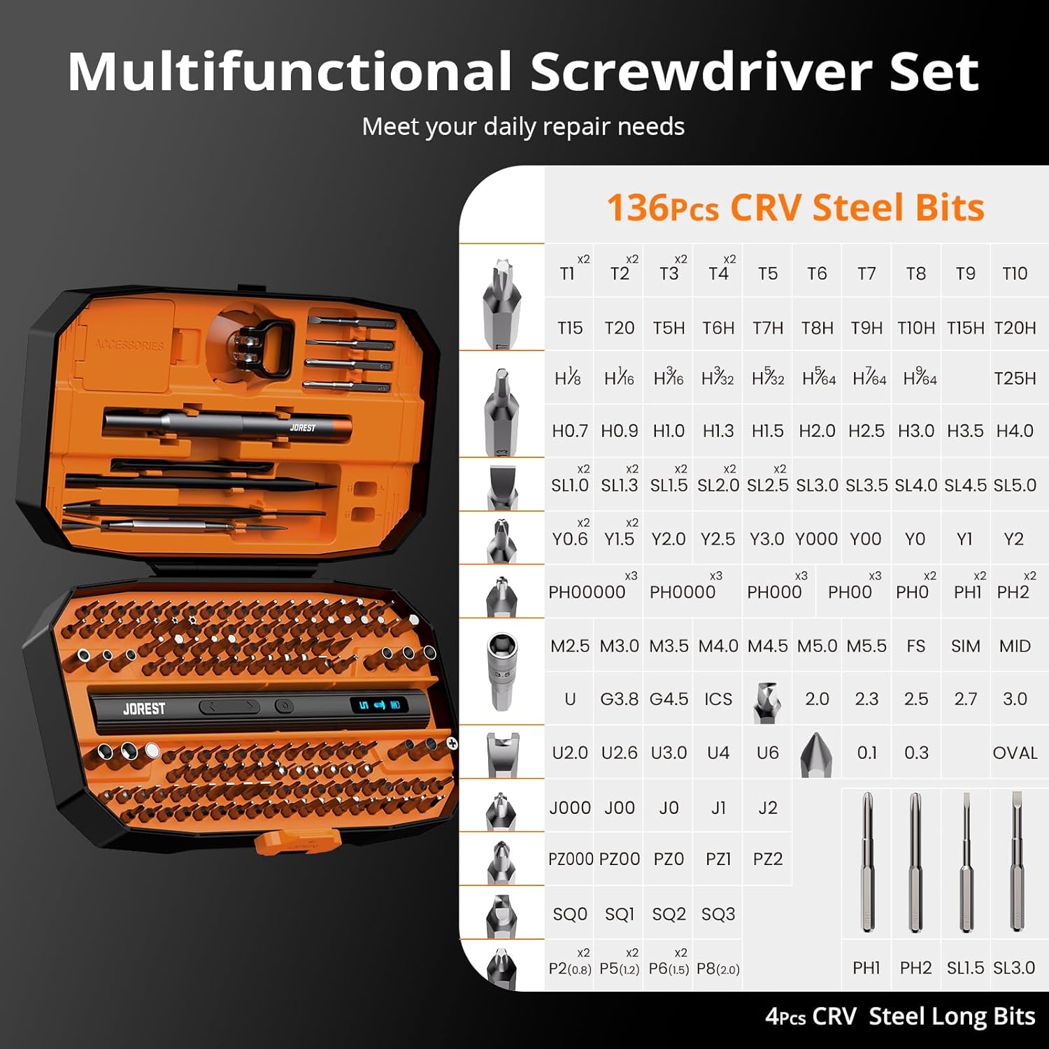 JOREST 155-in-1 Mini Electric Screwdriver Set – Cordless Precision Power Screwdriver with 5 Torque Levels (0.15–0.75 N·m), LED Light, Rechargeable Repair Tool Kit - PuriLite