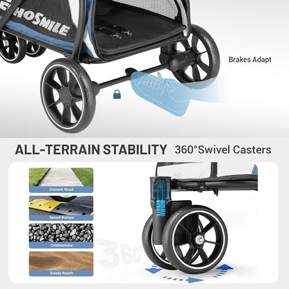 EchoSmile Dog Stroller for Medium & Small Dogs, Foldable Pet Stroller with 3 Wheels & Brakes, All-Terrain Cat Dog Carrier with Breathable Mesh, Safety Leash and Storage Pocket, Blue