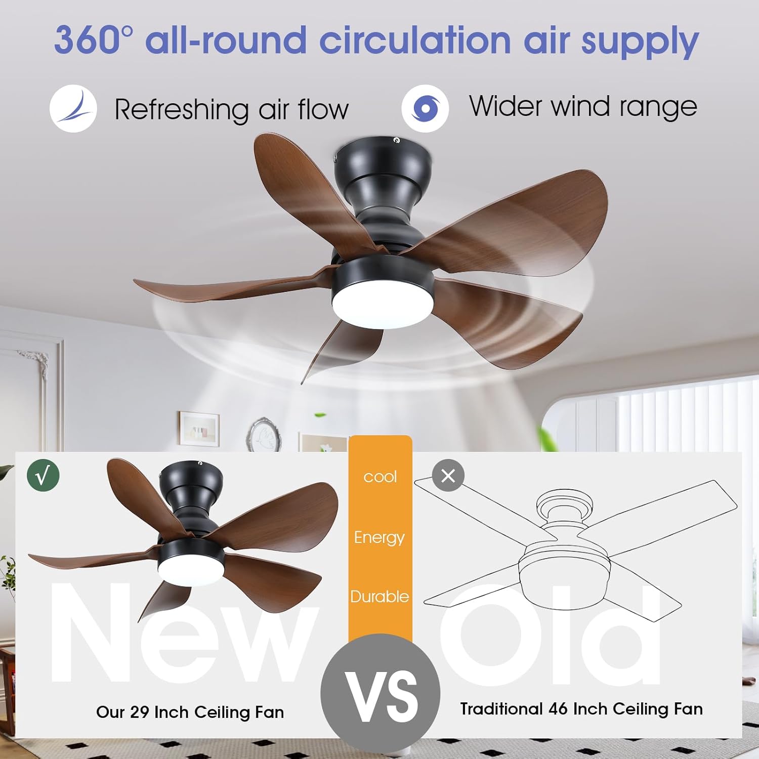 Modern Ceiling Fans with Lights Remote/APP Control, 29" Flush Mount Ceiling Fans with 3 CCT Dimmable Lights, Low Profile Ceiling Fans with 5 Propeller Blades LED Lights for Kids Room Bedroom, Brown - PuriLite
