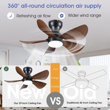 Modern Ceiling Fans with Lights Remote/APP Control, 29" Flush Mount Ceiling Fans with 3 CCT Dimmable Lights, Low Profile Ceiling Fans with 5 Propeller Blades LED Lights for Kids Room Bedroom, Brown - PuriLite
