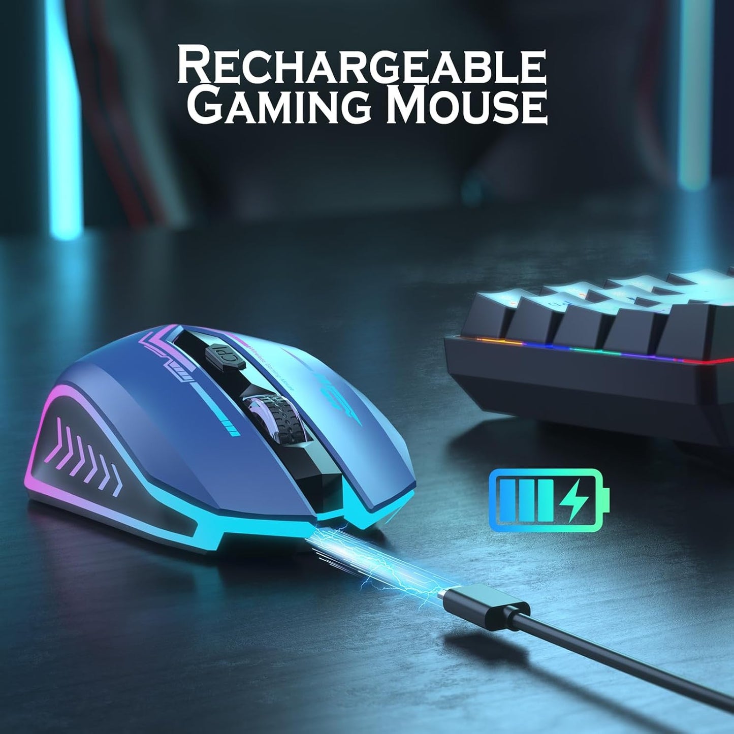 Wireless Gaming Mouse Up to 10000 DPI, UHURU Rechargeable USB Wireless Mouse with 6 Buttons 7 Changeable LED Color Ergonomic Programmable MMO RPG for PC Laptop, Compatible with Windows Mac