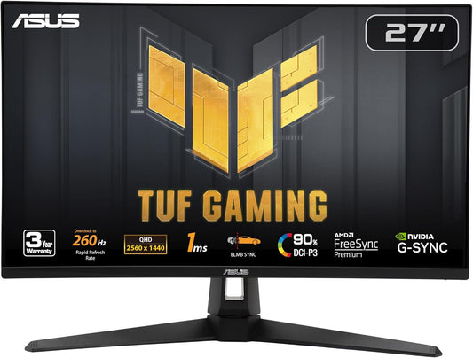ASUS TUF Gaming 27” 1440P Gaming Monitor (VG27AQM1A) - QHD (2560x1440), 260Hz, 1ms, Fast IPS, ELMB Sync, Freesync Premium, G-Sync compatible, Variable Overdrive, 90%DCI-P3, DisplayHD 400, 3yr warranty