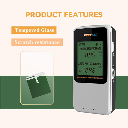 Digital Radon Detector III, Tempered Glass, 300 DPI Screen, Easy to Use, White, Bq/M3, pCi/L, Switchable, 3 AAA Batteries Lasting More Than 1 Year