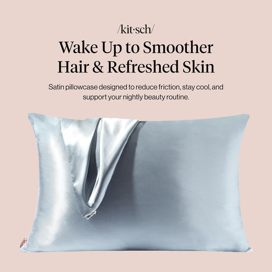 Kitsch Satin Pillowcase with Zipper, Standard Size 19"x26" - Haze Blue | Softer Than Silk Pillow Cases, Smooth Cooling Satin Pillow Case for Hair and Skin, Wrinkle-Free, Machine Washable