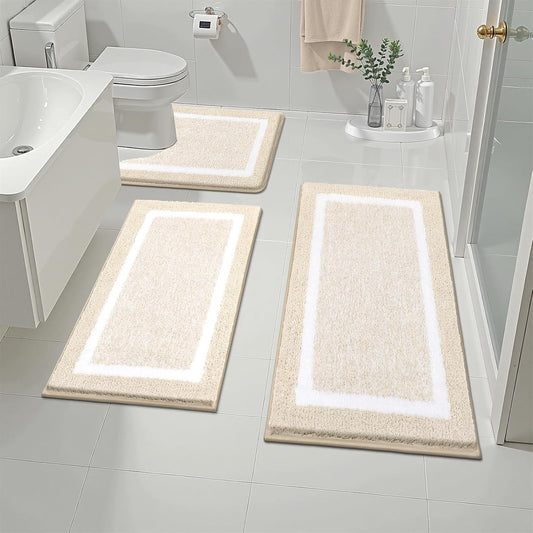 Pauwer 3 Piece Bathroom Rug Set, Non Slip Washable Bath Mat, Light Beige Soft Plush Microfiber, Super Absorbent Floor Carpet, U Shaped Toilet Mats, Quick Dry, Shaggy Shower Rugs Runners