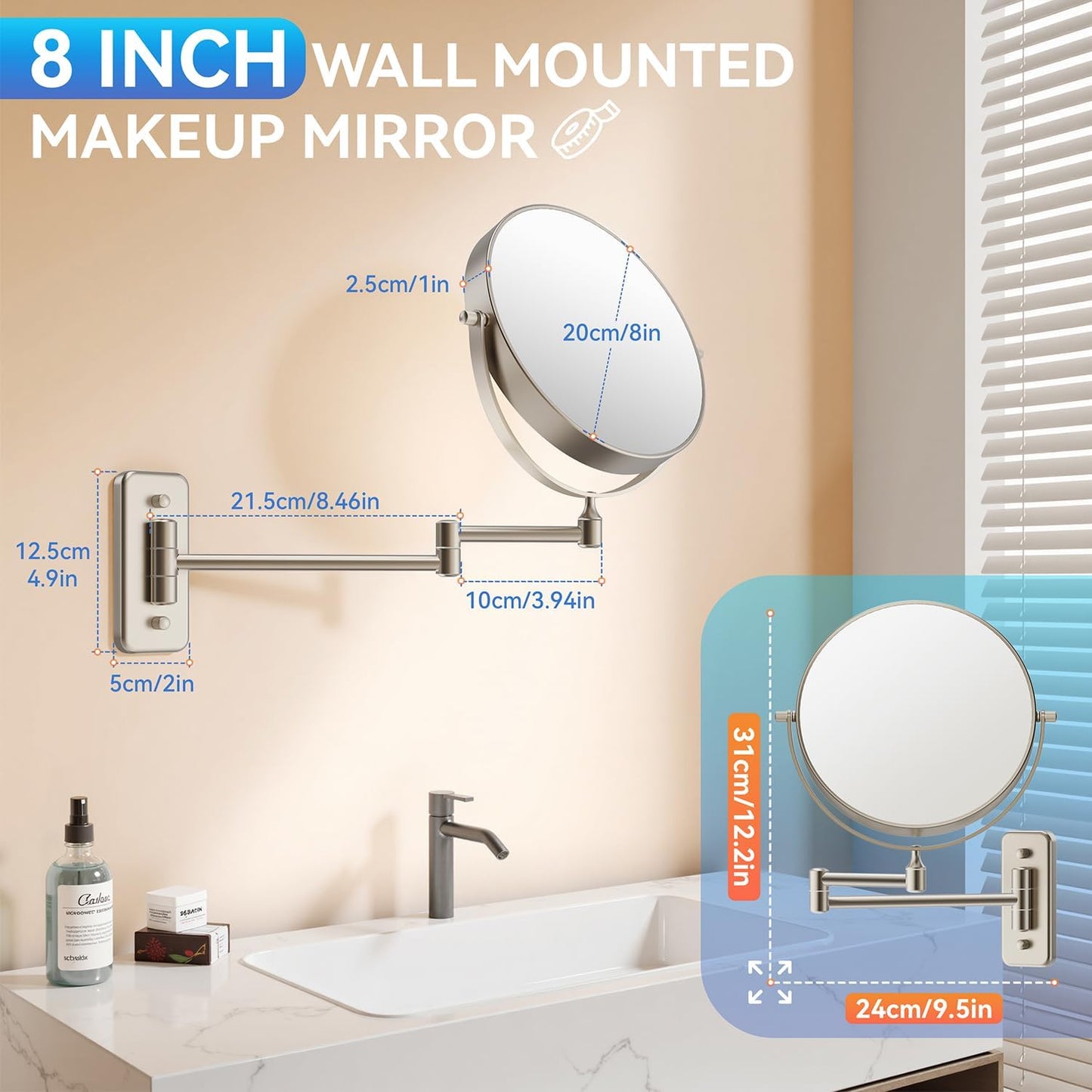 Auxmir Miroir de maquillage mural 30X/1X, miroir grossissant double face de 20,3 cm avec pince à épiler, miroir de maquillage de salle de bain, miroir cosmétique avec bras extensible pivotant à 360°, nickel