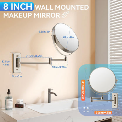 Auxmir Miroir de maquillage mural 30X/1X, miroir grossissant double face de 20,3 cm avec pince à épiler, miroir de maquillage de salle de bain, miroir cosmétique avec bras extensible pivotant à 360°, nickel