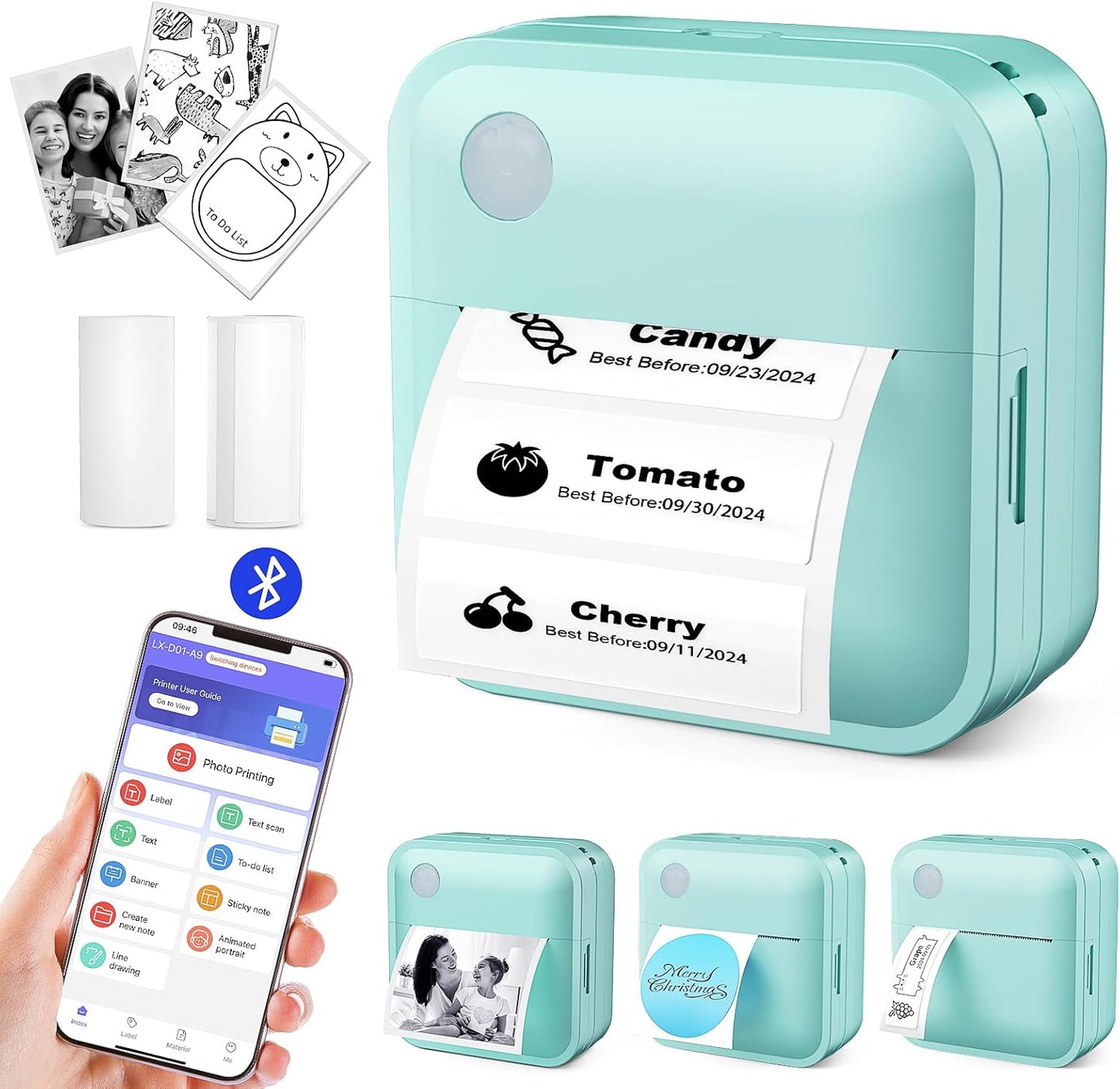 Label Maker Machine with Tape - Thermal Label Printer Bluetooth Label Maker Machine, Mini Printer Sticker Maker for Home, Kitchen, School, Office Organization with 2 Rolls Paper (Green)