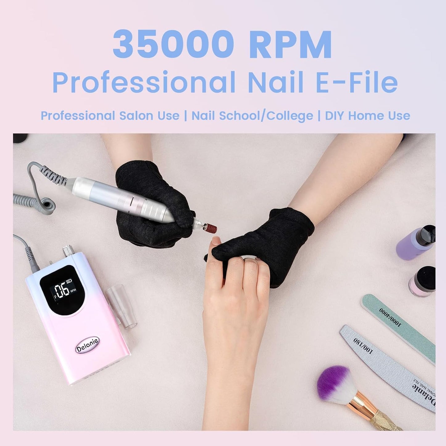 Delanie Professional Nail Drill High Torque 35000 RPM Rechargeable Portable Electric Nail File for Acrylic & Gel, High Speed, Low Heat, Low Vibration, Rose Gold