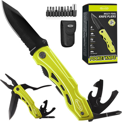 RoverTac Pocket Knife Tactical Folding Knife Multi Tool Survival Camping Knife, Multitool Knife Pliers Bottle & Can Opener 9-Pack Screwdrivers Liner Lock Nylon Sheath, Pocket Knife for Camping Hiking