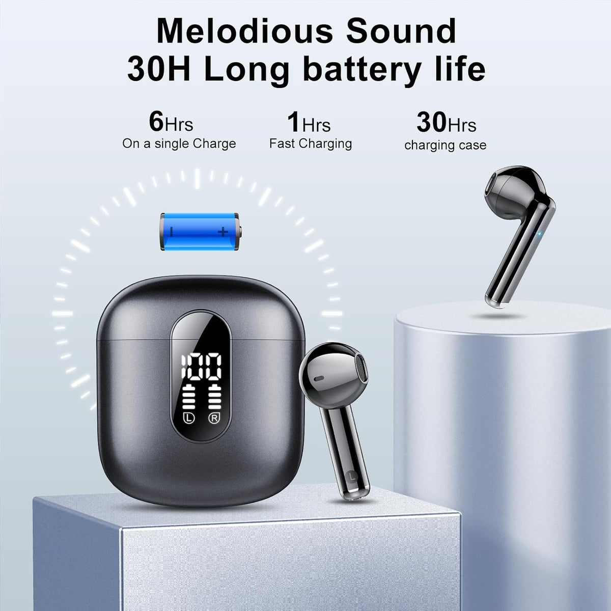 Wireless Earbuds, Bluetooth 5.3 Headphones HiFi Stereo, Mini in-Ear Bluetooth Earbuds, Wireless Earphones with 4 ENC Noise Cancelling Mic, IP7 Waterproof, LED Display, Touch Control Ear Buds, Black
