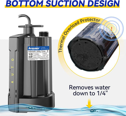 Acquaer 1/3 HP Automatic Submersible Water Pump, 115V Sump Pump with 3/4” Garden Hose Check Valve Adapter,2160 GPH High Flow Water Removal for Swimming Pool Cover Hot Tubs Flooded House Basement