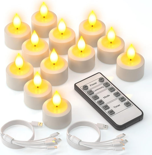 Yme Rechargeable Flameless Candles with Remote, 12 Packs Battery Operated Fake LED Tea Lights Candles Flickering Gift Set for Birthday Halloween Christmas Table Party Decorations Home Indoor Decor