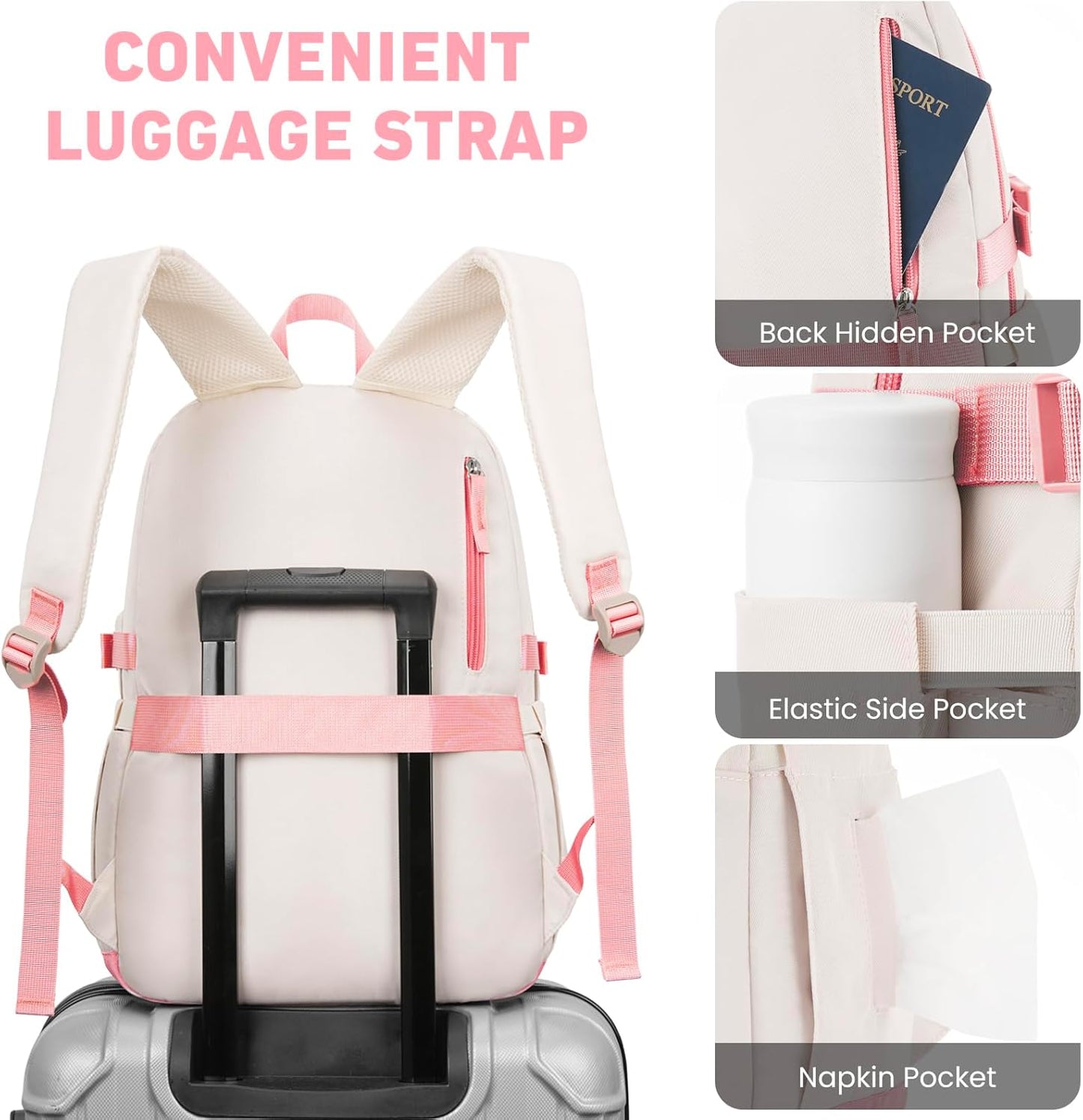 WINDARS Backpack for School Girls, Cute High School Backpacks for Teens Women Student Large Bookbag 15.6 Inch Laptop Bag with USB Charger Port for College Work Travel Trip (Beige Khaki)