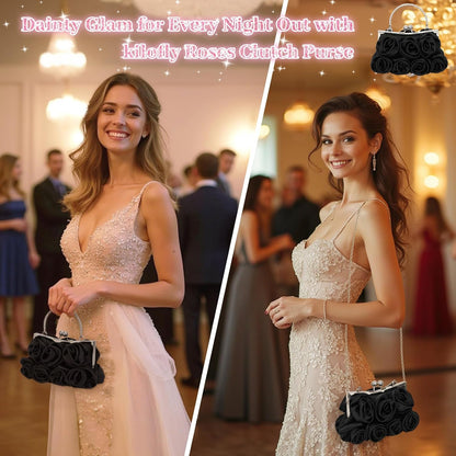 kilofly Missy K 7 Roses Clutch Purse, Satin, with Detachable Strap + kilofly Money Clip