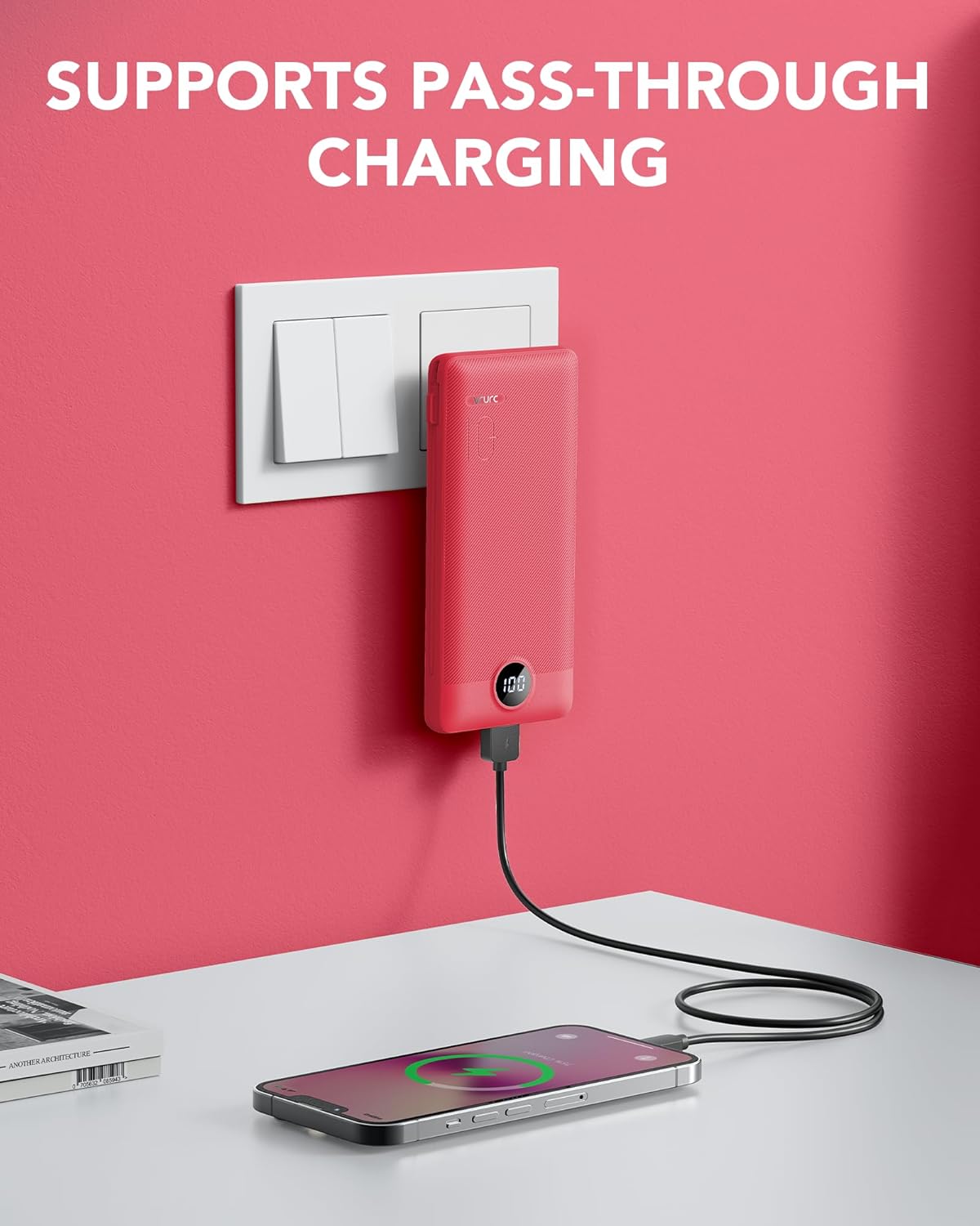 Portable Charger for iPhone, 10000mAh Power Bank with Built-in Cables & AC Wall Plug, USB C Phone Charger 5 Output External Battery Pack Compatible with iPhone Samsung Google Pixel Android -White