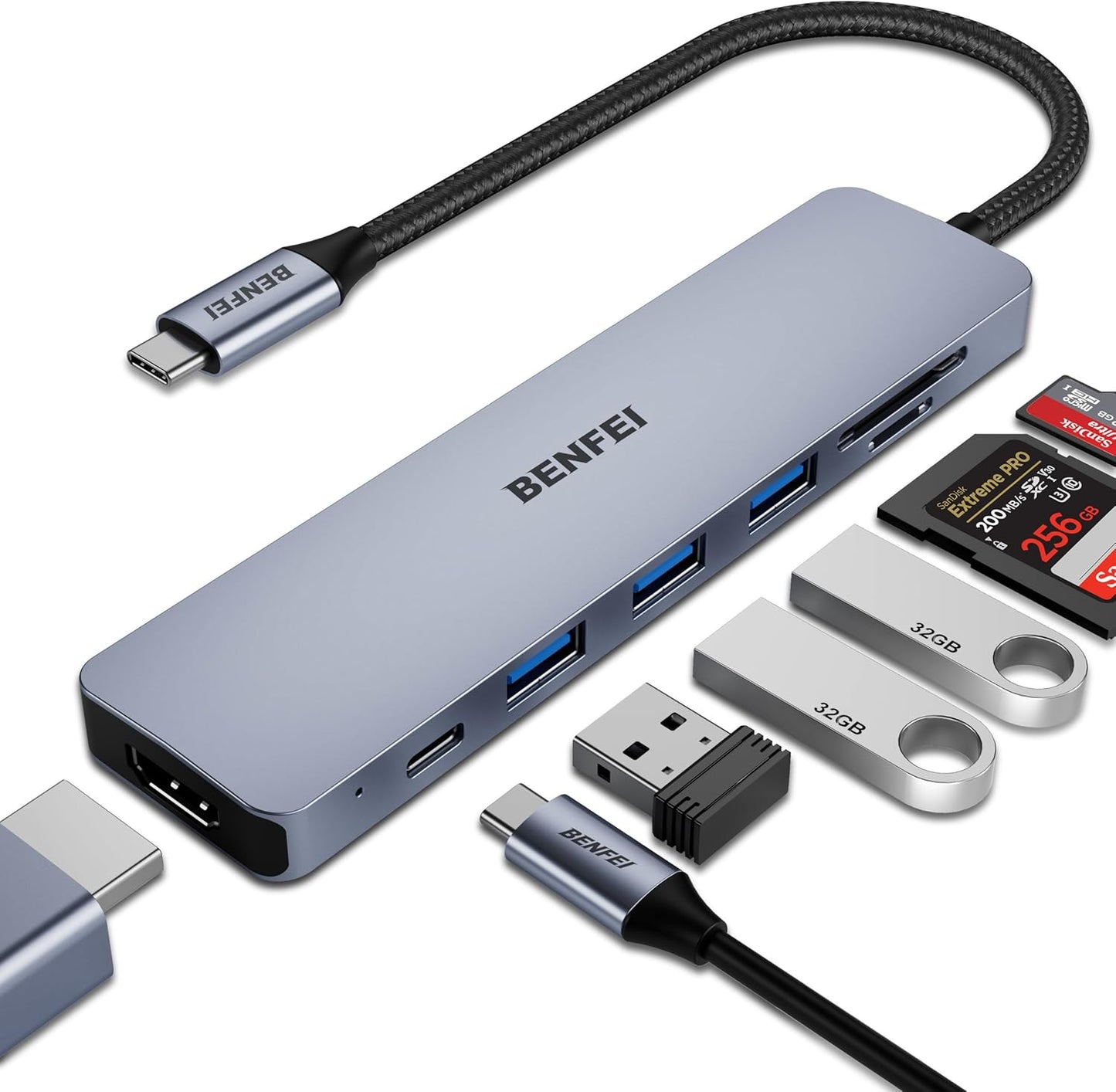 BENFEI USB C HUB 7in1, USB C HUB Multiport Adapter with USB-C to HDMI, USB-C to SD/TF Card Reader/3*USB 3.0/100W Power Delivery, Compatible with iPhone 15 Pro/Max, MacBook, iPad Pro, iMac, S23, XPS17