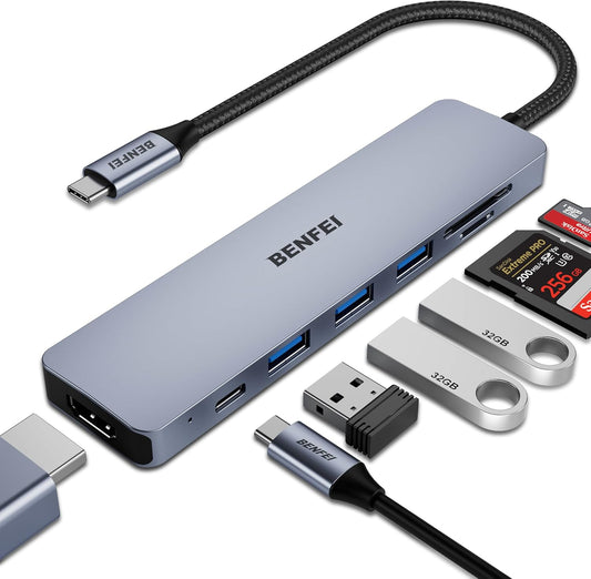 BENFEI USB C HUB 7in1, USB C HUB Multiport Adapter with USB-C to HDMI, USB-C to SD/TF Card Reader/3*USB 3.0/100W Power Delivery, Compatible with iPhone 15 Pro/Max, MacBook, iPad Pro, iMac, S23, XPS17 - PuriLite