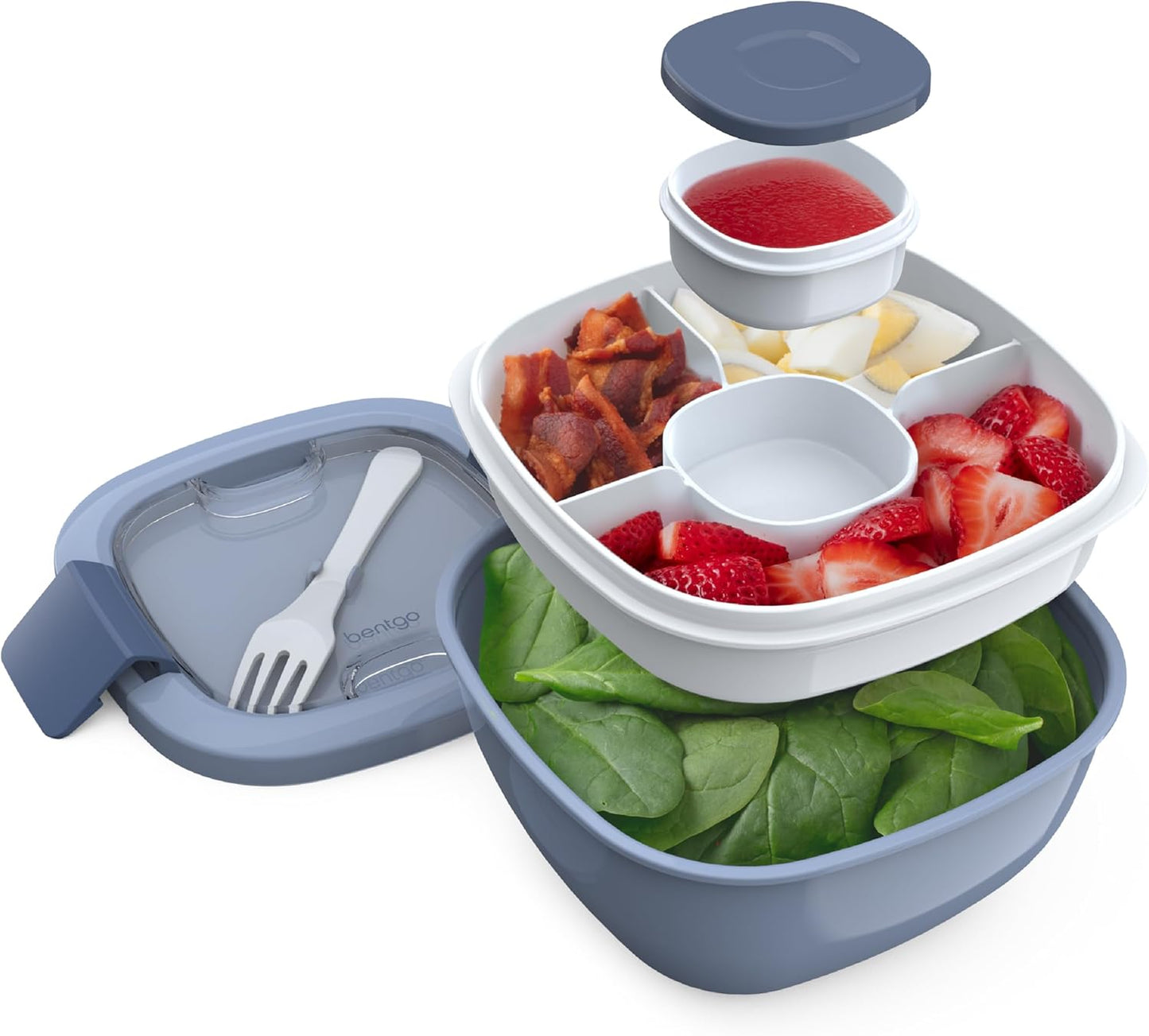 Bentgo Salad - Stackable Lunch Container with Large 54-oz Salad Bowl, 4-Compartment Bento-Style Tray for Toppings, 3-oz Sauce Container for Dressings, Built-in Reusable Fork & BPA-Free (Khaki Green)