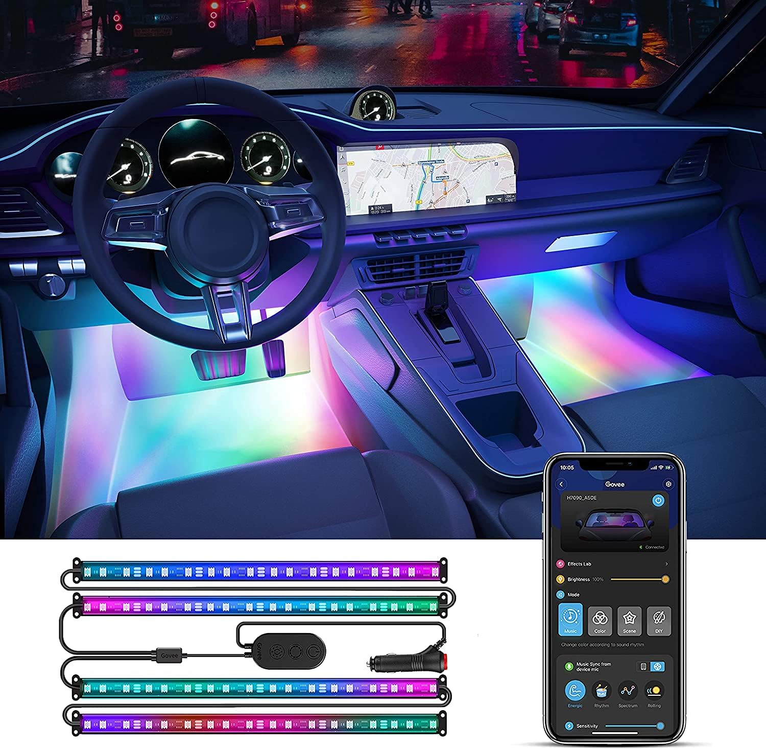 RGBIC Car LED Strip Lights with App Control, 16 Million Colors, Music Sync, 30 Scene Modes, Waterproof Interior Car Lighting, 2-Line Design, Universal Fit for Cars & SUVs (12V) - PuriLite