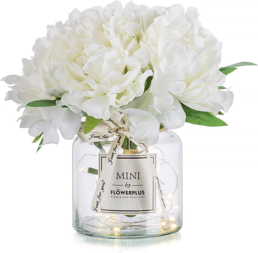 BLOSMON White Fake Flowers with Vase: Small Coffee Table Decor Bathroom Hydrangea Faux Flowers in Vase Office Desk Shelf Home Living Room Bedroom Vanity nightstand Decorations Floral Arrangement