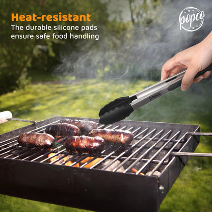 The Original Popco Tongs for Cooking - Set of 3 (7, 9, 12 inches) - Heavy Duty, 304 Stainless Steel BBQ and Kitchen Tongs with Silicone Tips (3 Colors Available)