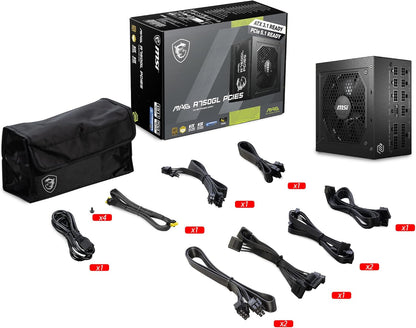MSI MAG A750GL PCIE 5 Gaming Power Supply - Full Modular - 80 Plus Gold Certified 750W - Compact Size - ATX PSU - PuriLite