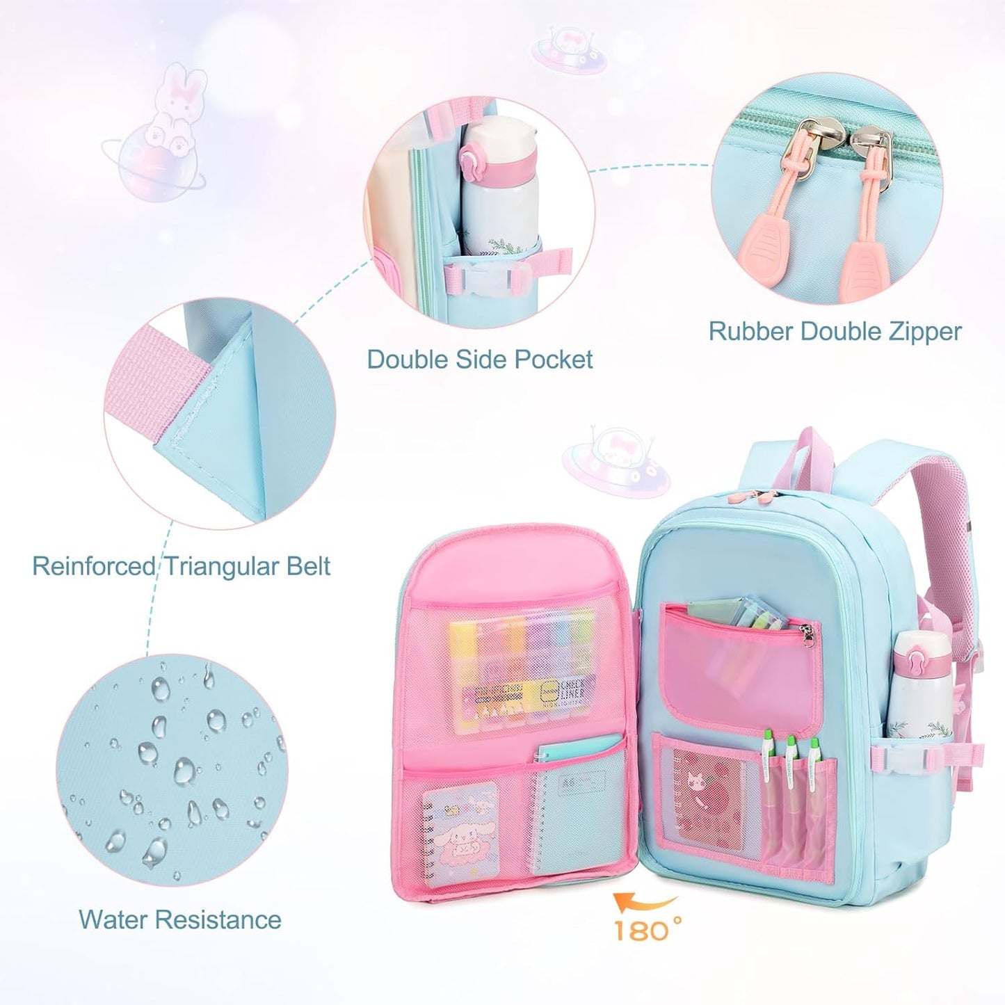 FIXITOK Girls Backpack Set, 3PCS Kids Backpack for Girls, Kawaii Bunny School Backpacks for Girl Kindergarten Elementary Preschool Middle School Bags with Lunch Box Pencil Case Aquamarine