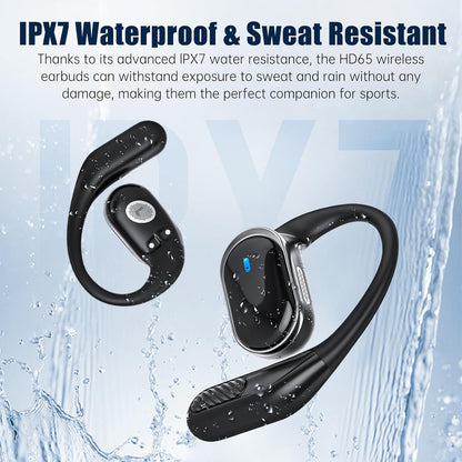 Wireless Earbuds Bluetooth 5.4 Headphones, IPX7 Waterproof Stereo Earphones with Noise Cancelling Mic, Open Ear Buds with Ergonomic Ear Hook for Fitness/Sports/Travel (Black)